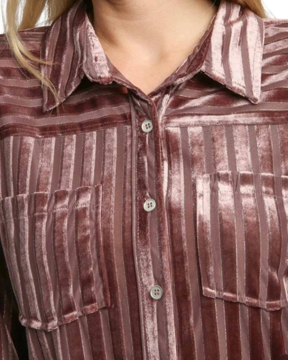 Umgee Womens Mauve Velvet Striped Shirt Dual Chest Pockets Metalic Thread Size M